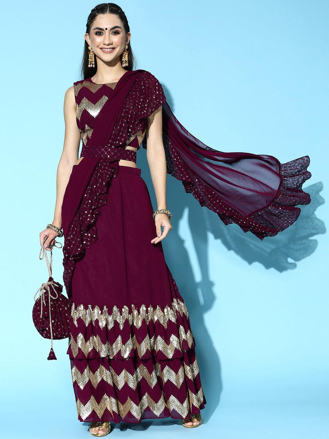 Purple Embellished Georgette Saree - ShopLibas