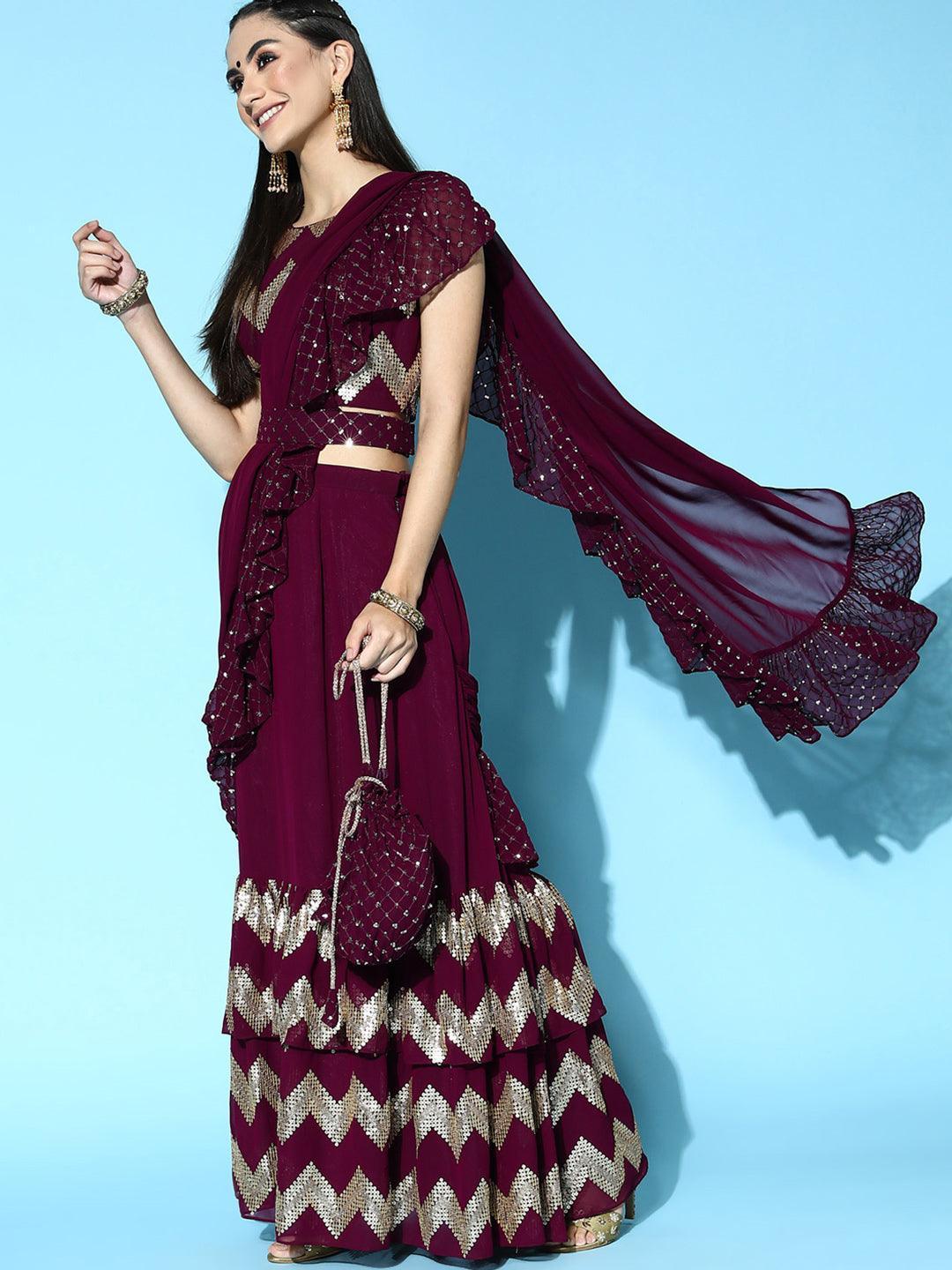 Purple Embellished Georgette Saree - ShopLibas