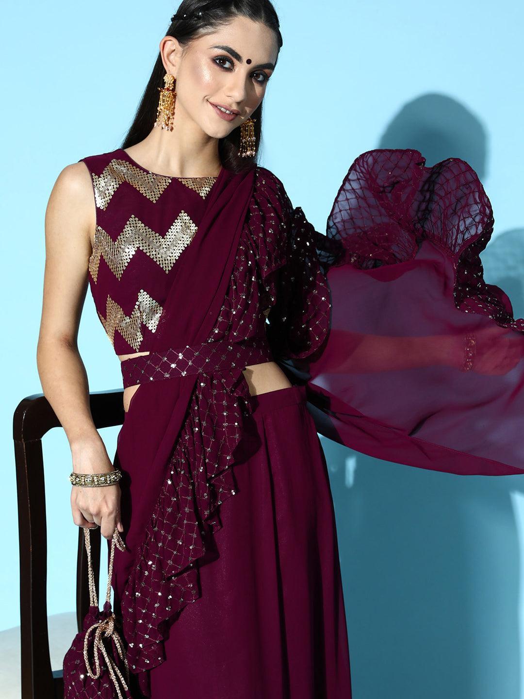 Purple Embellished Georgette Saree - ShopLibas