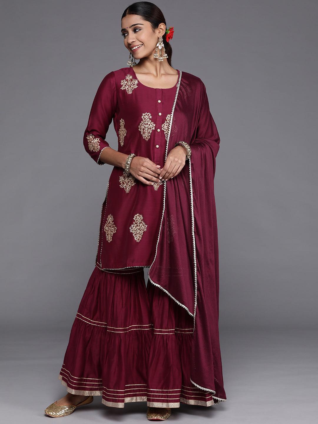 Purple Embroidered Chanderi Silk Straight Suit Set - ShopLibas