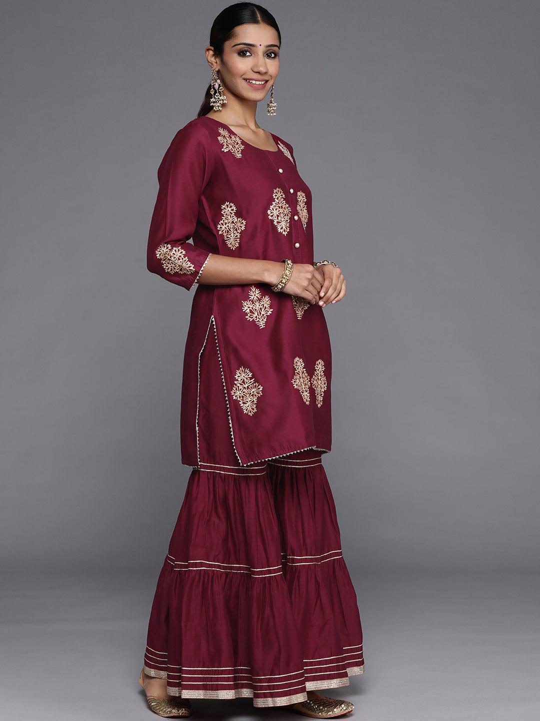 Purple Embroidered Chanderi Silk Straight Suit Set - ShopLibas