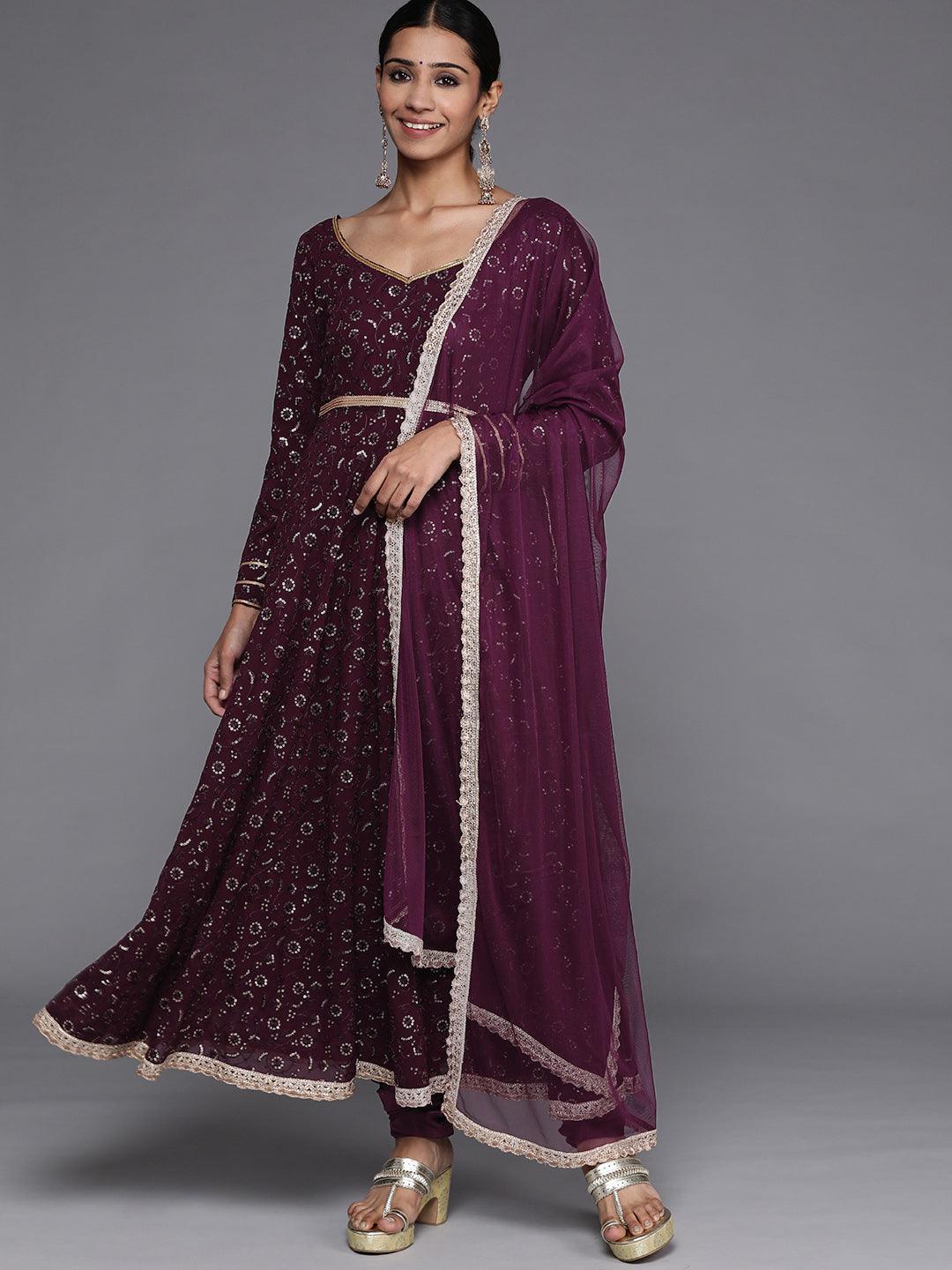 Purple Embroidered Georgette Anarkali Kurta With Churidar & Dupatta