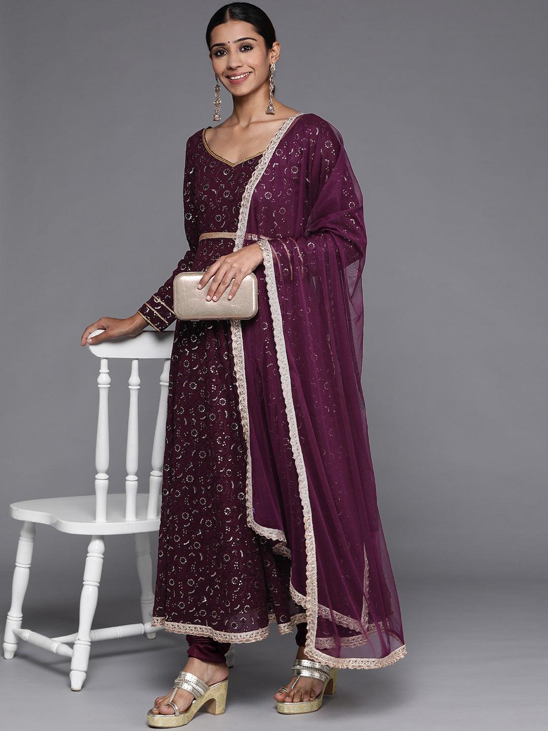 Purple Embroidered Georgette Anarkali Kurta With Churidar & Dupatta