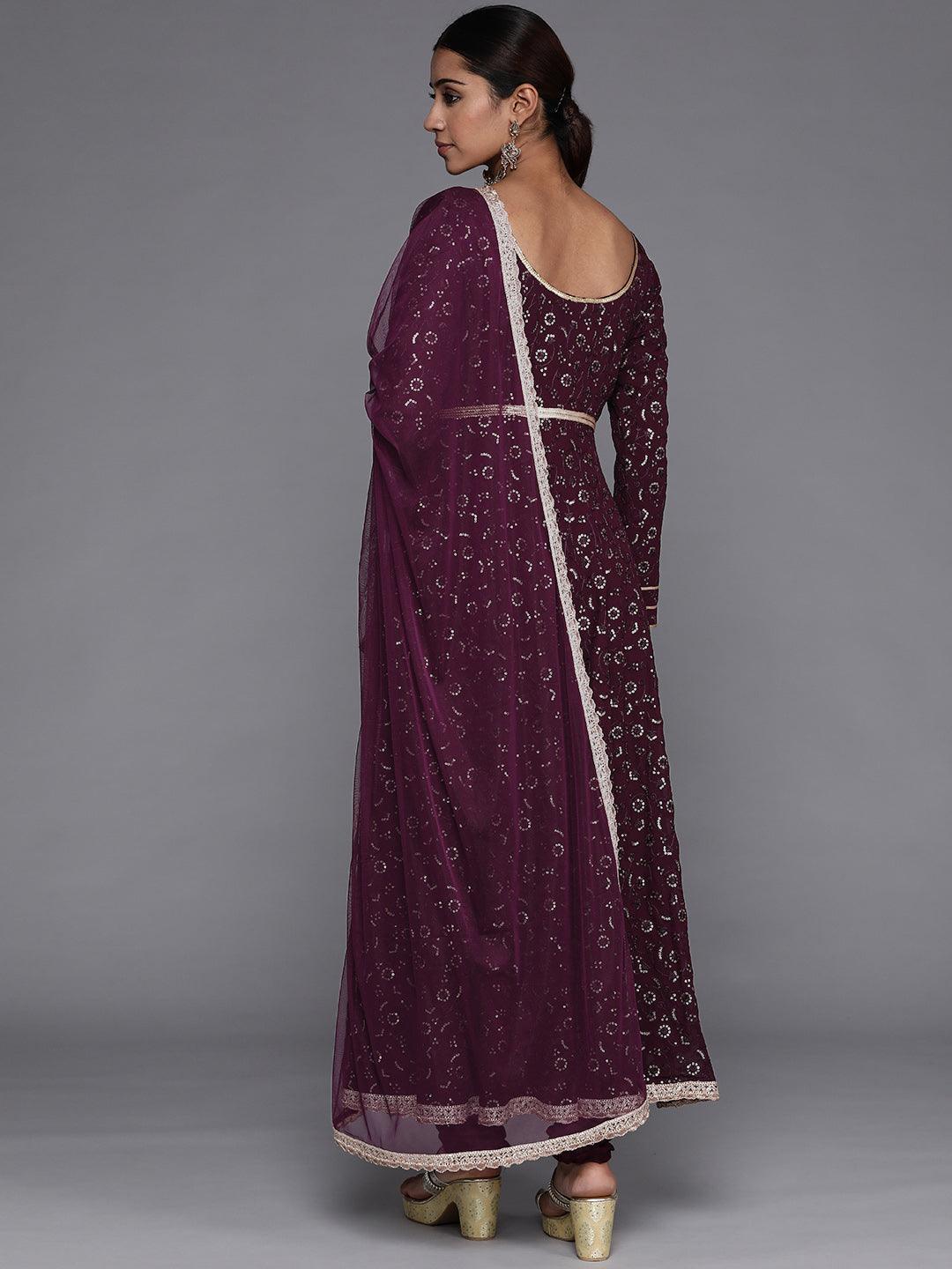 Purple Embroidered Georgette Anarkali Kurta With Churidar & Dupatta