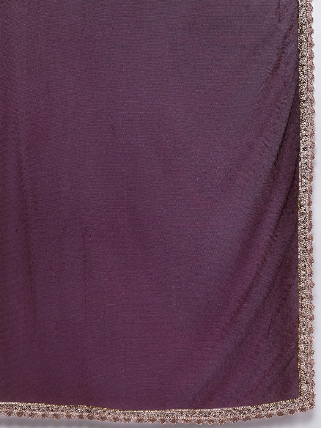 Purple Embroidered Georgette Anarkali Kurta With Churidar & Dupatta