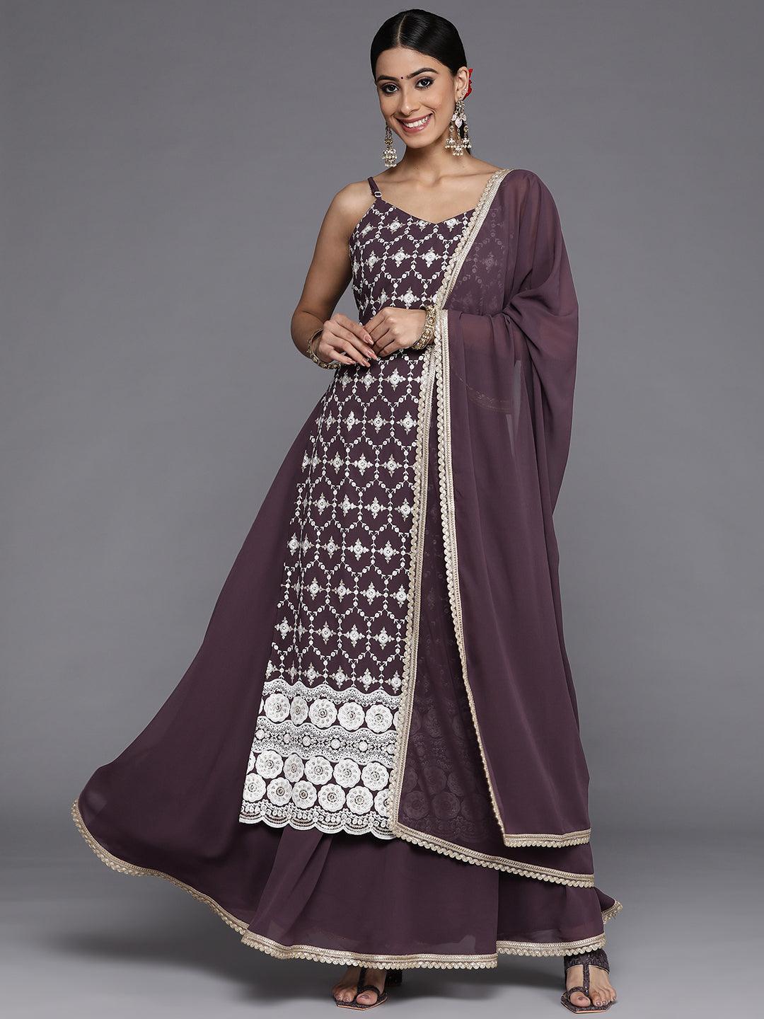 Purple Embroidered Georgette Straight Kurta With Skirt & Dupatta and Potli