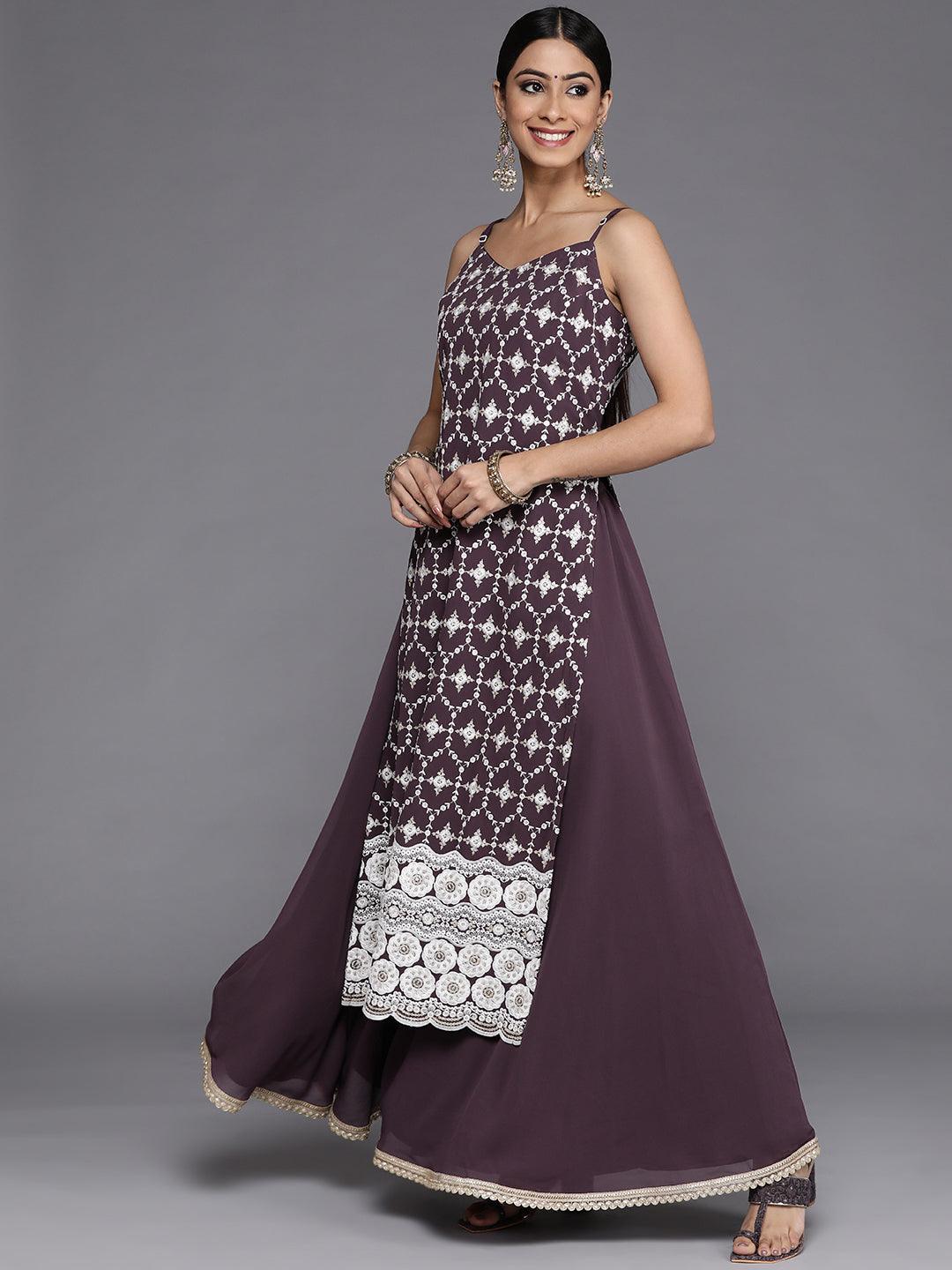 Purple Embroidered Georgette Straight Kurta With Skirt & Dupatta and Potli