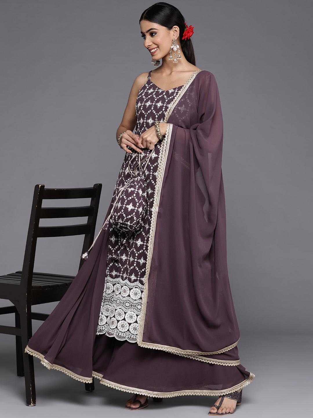 Purple Embroidered Georgette Straight Kurta With Skirt & Dupatta and Potli