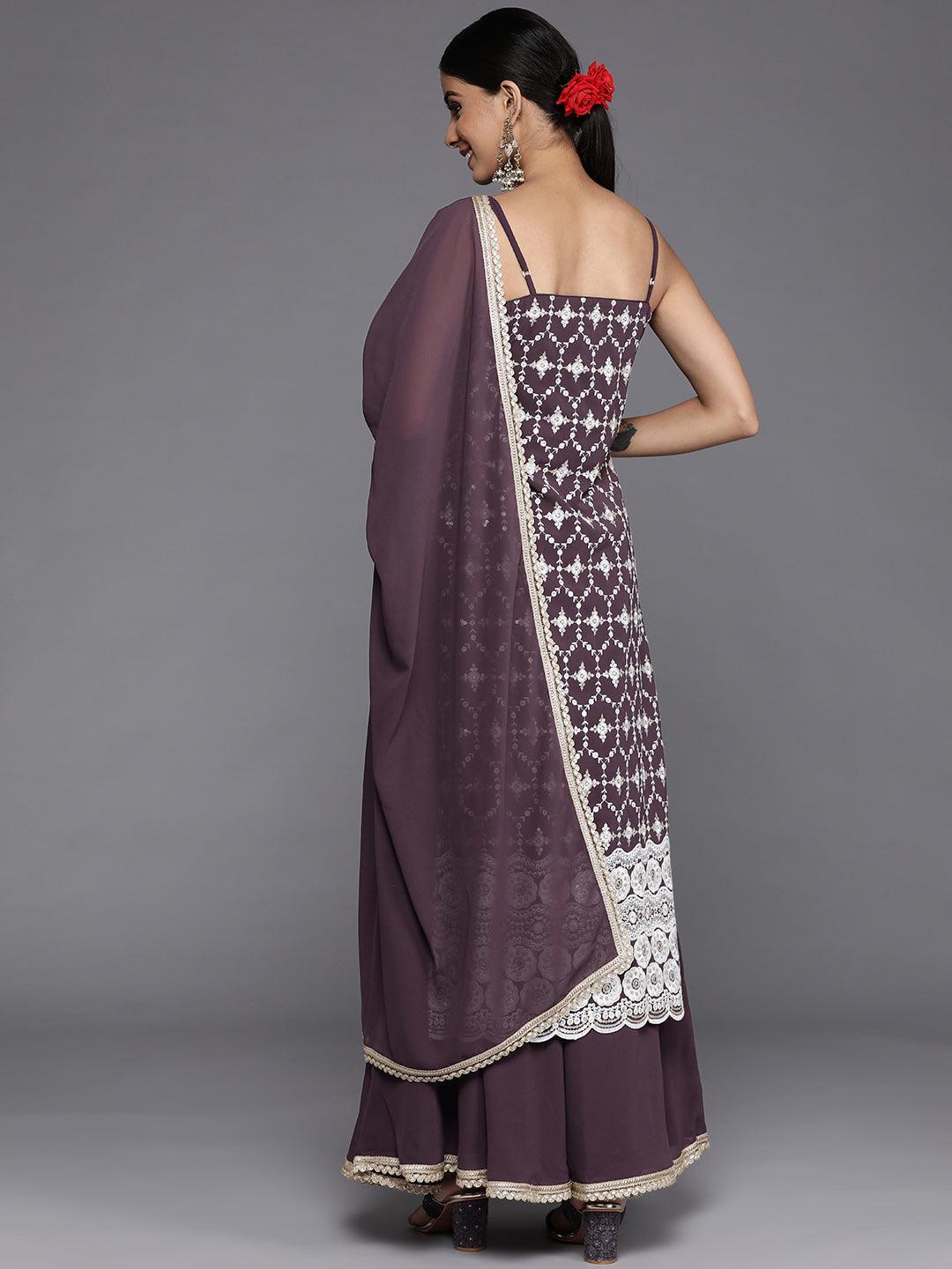 Purple Embroidered Georgette Straight Kurta With Skirt & Dupatta and Potli