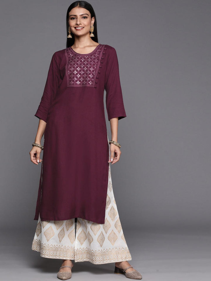 Purple Embroidered Rayon Straight Kurta - ShopLibas