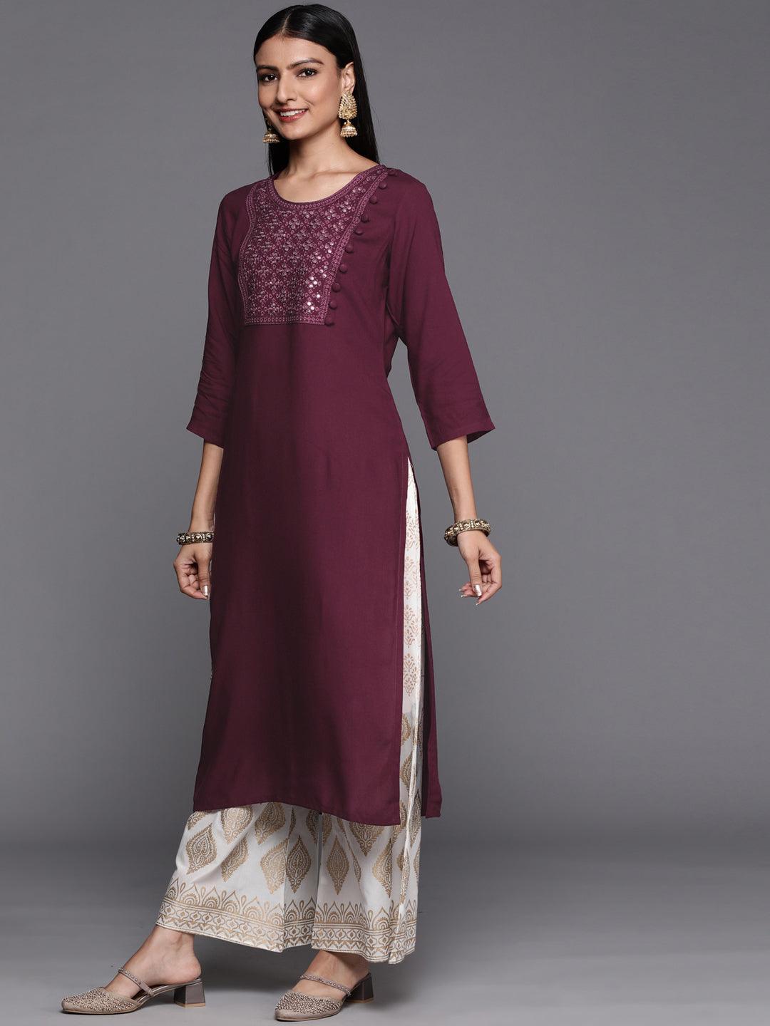 Purple Embroidered Rayon Straight Kurta