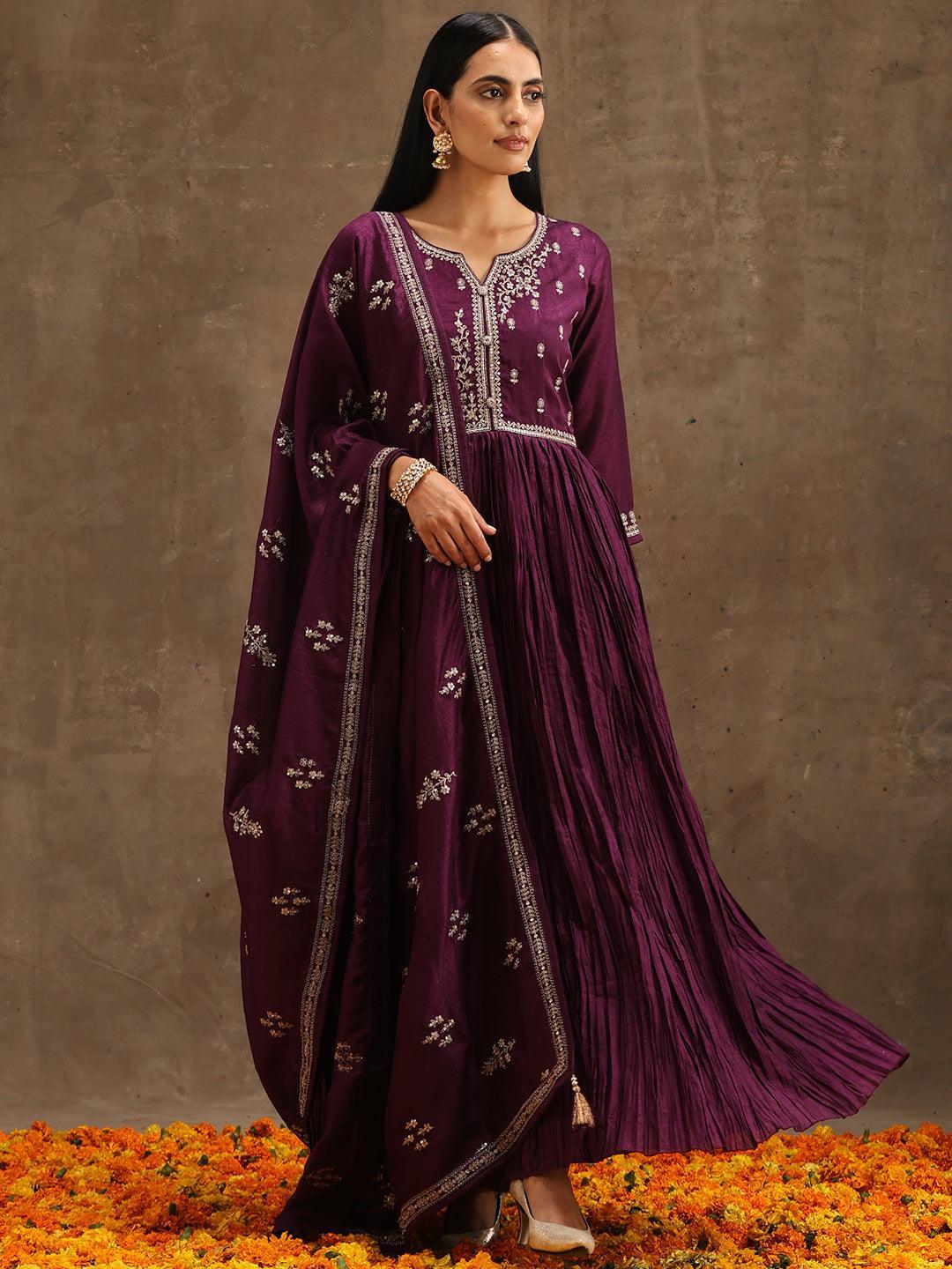 Purple Embroidered Silk Blend Anarkali Suit Set With Trousers - ShopLibas