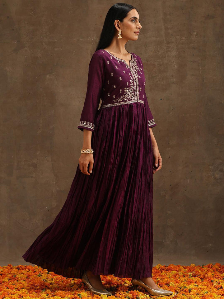 Purple Embroidered Silk Blend Anarkali Suit Set With Trousers - ShopLibas