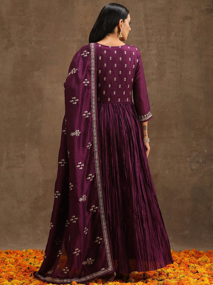 Purple Embroidered Silk Blend Anarkali Suit Set With Trousers - ShopLibas