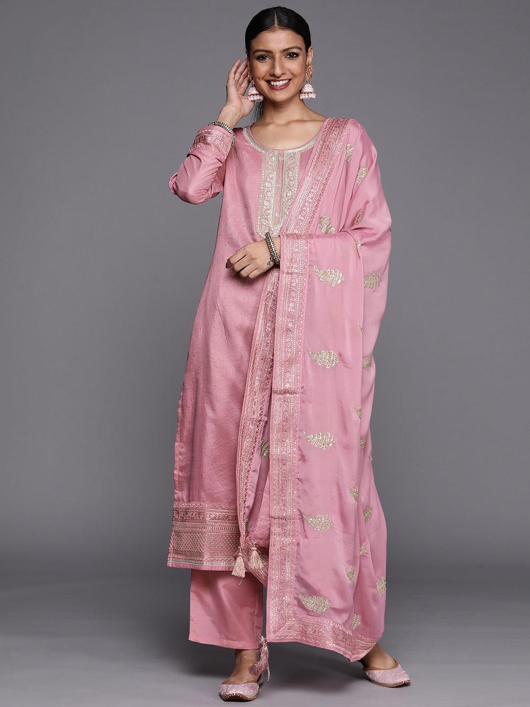 Purple Embroidered Silk Blend Straight Suit Set