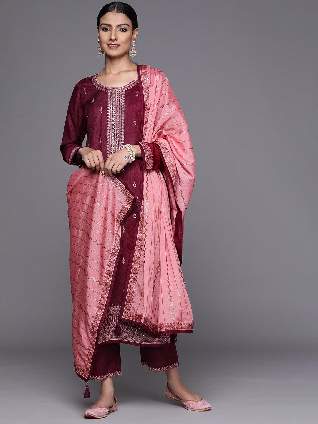 Purple Embroidered Silk Blend Straight Suit Set