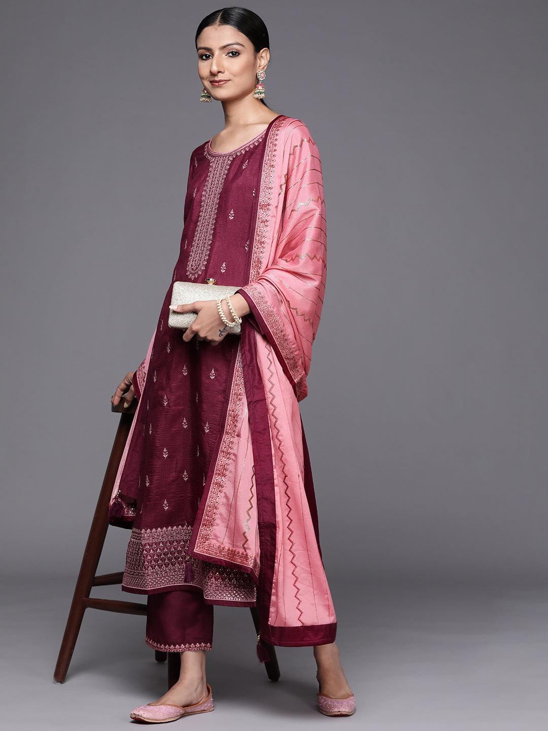 Purple Embroidered Silk Blend Straight Suit Set