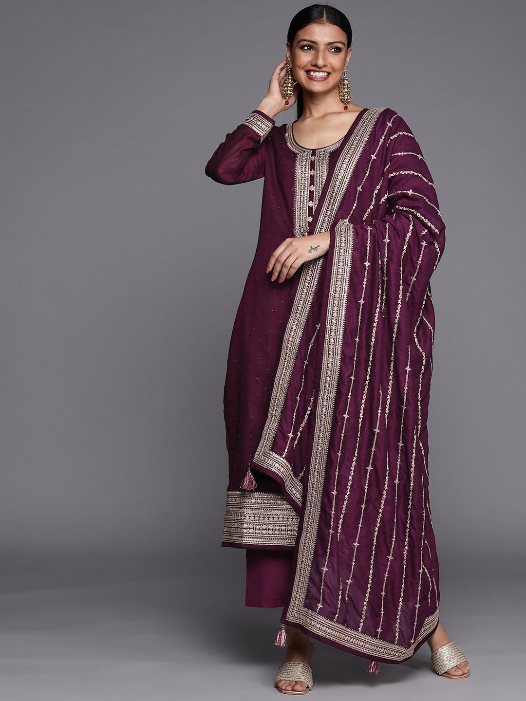 Purple Embroidered Silk Blend Straight Suit Set