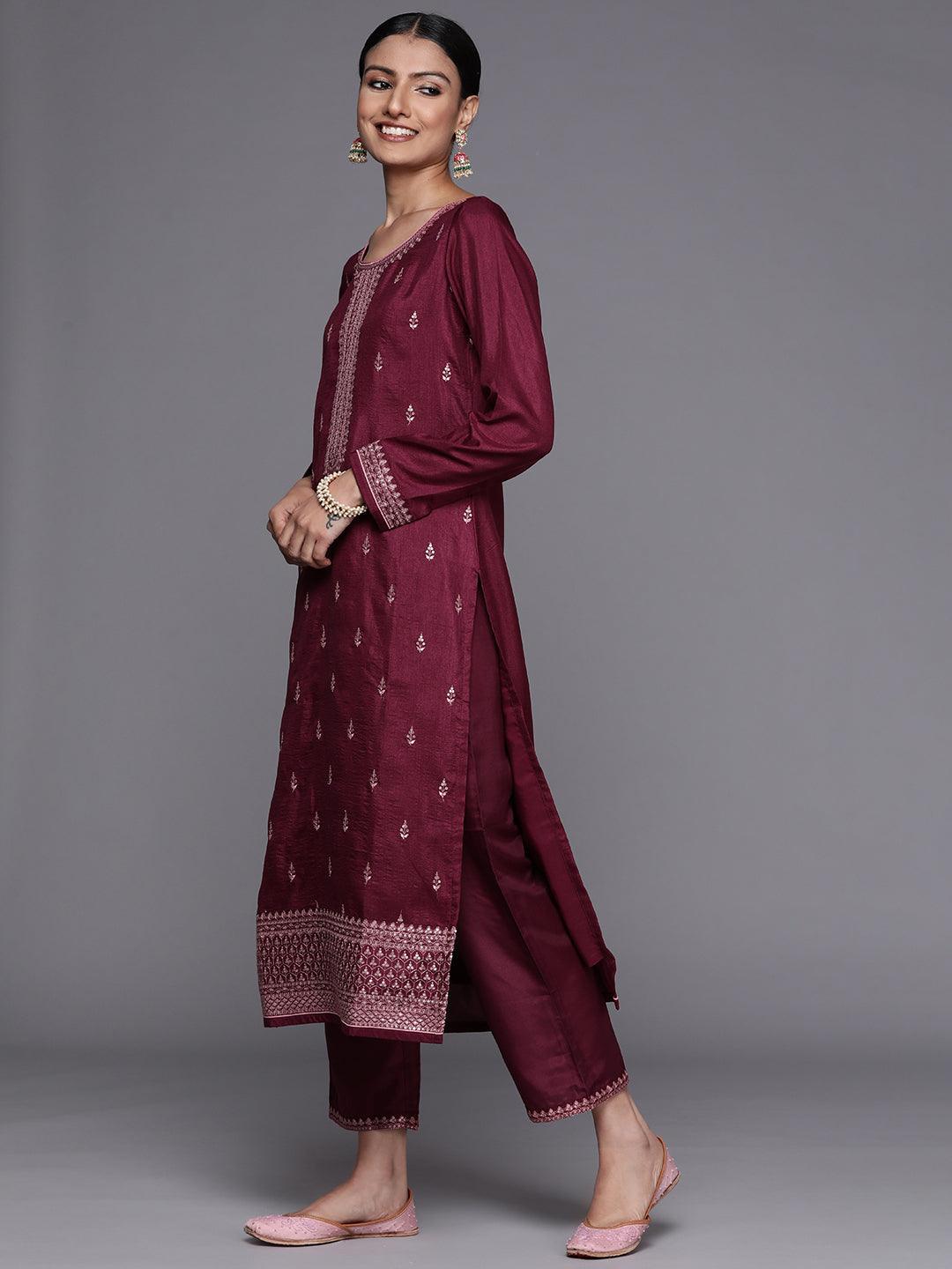 Purple Embroidered Silk Blend Straight Suit Set