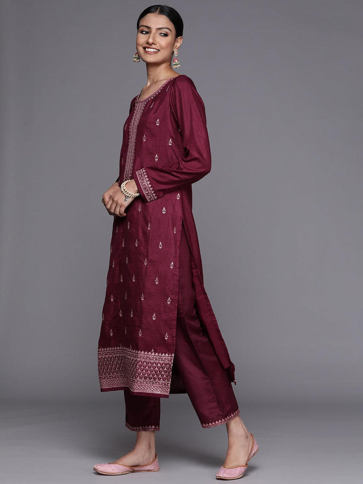 Purple Embroidered Silk Blend Straight Suit Set - ShopLibas