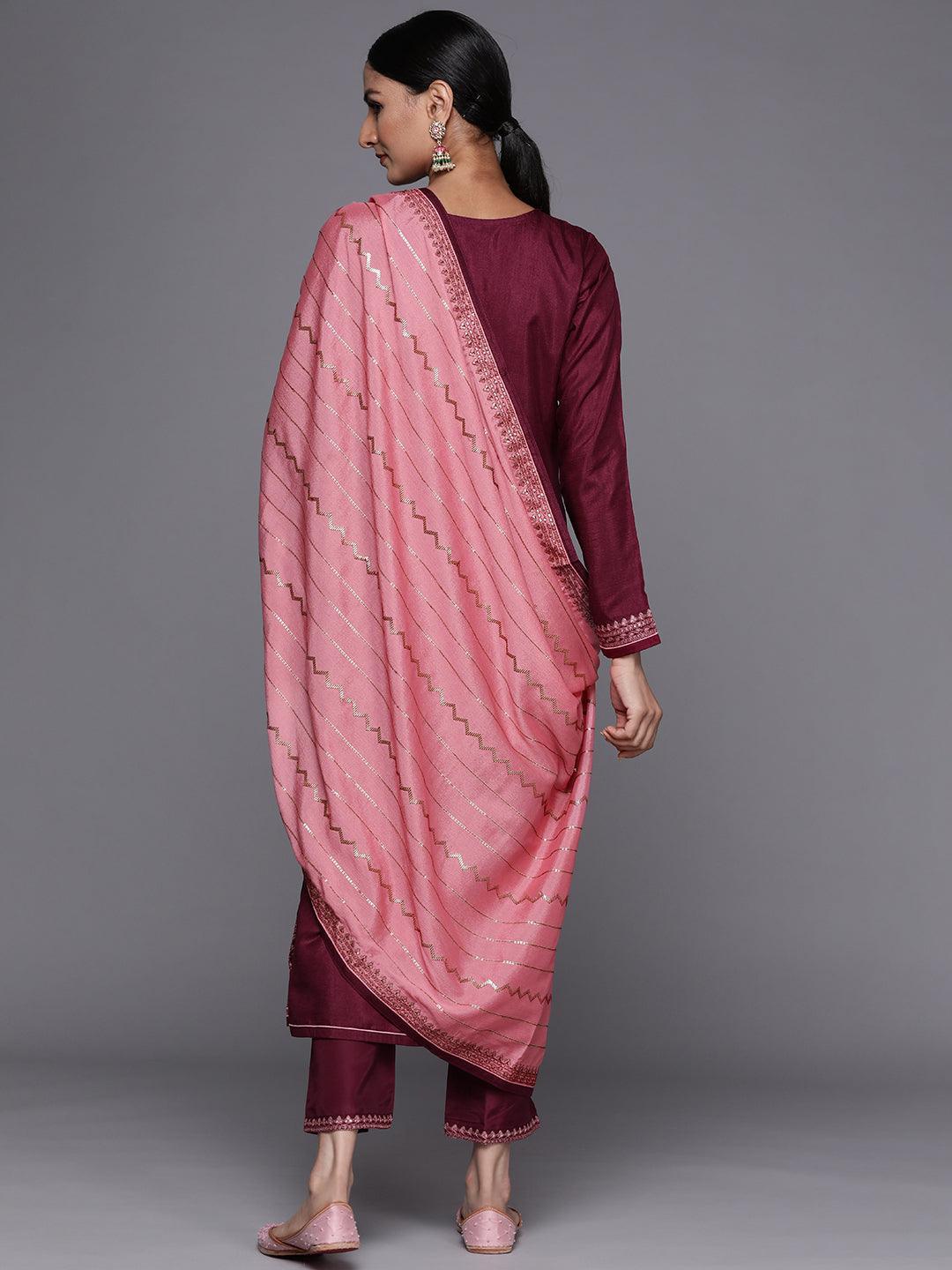 Purple Embroidered Silk Blend Straight Suit Set