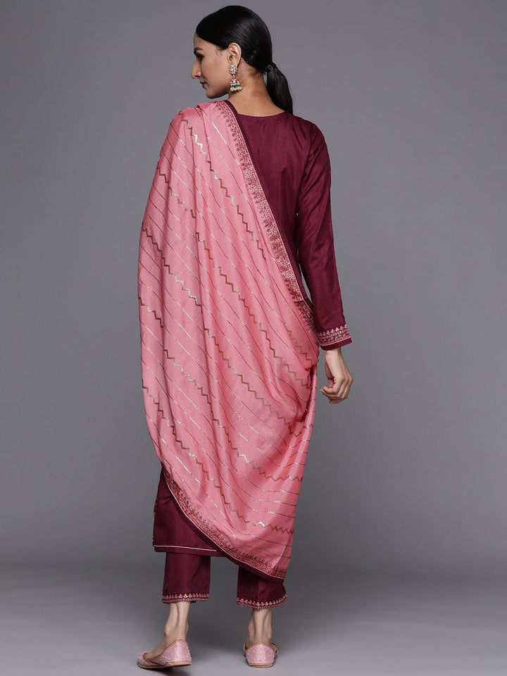 Purple Embroidered Silk Blend Straight Suit Set - ShopLibas