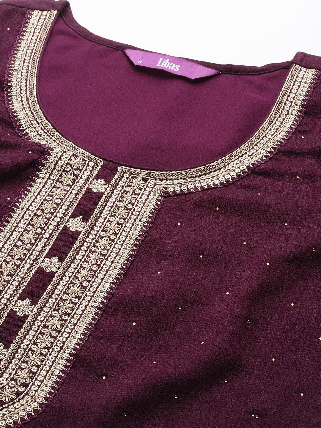 Purple Embroidered Silk Blend Straight Suit Set