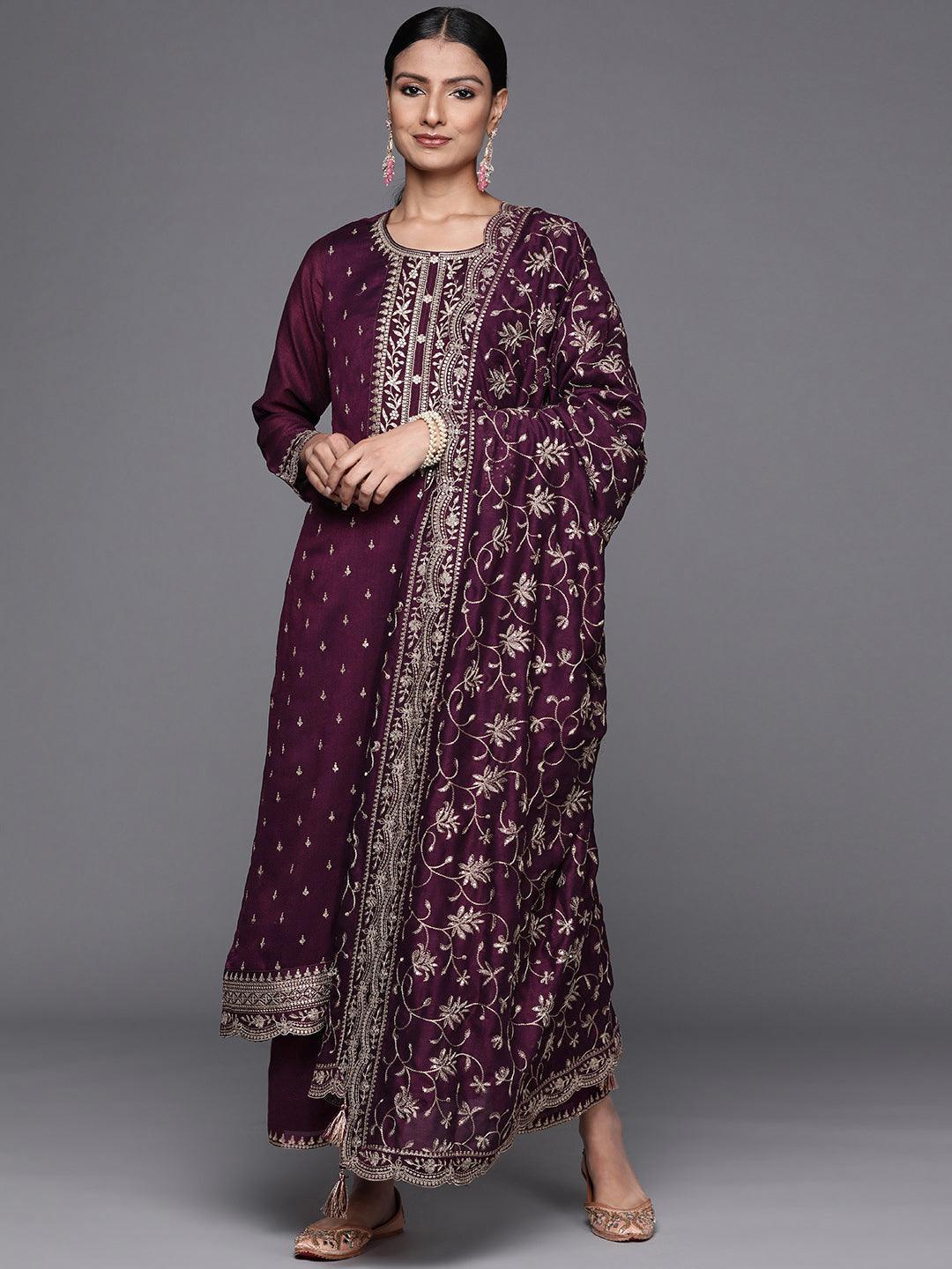 Purple Embroidered Silk Blend Straight Suit Set