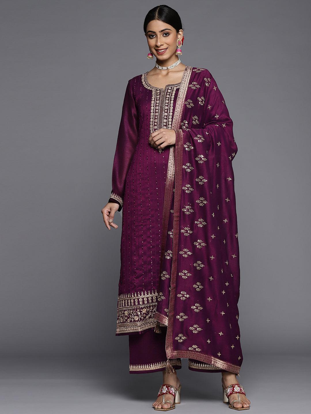 Purple Embroidered Silk Blend Straight Suit With Dupatta