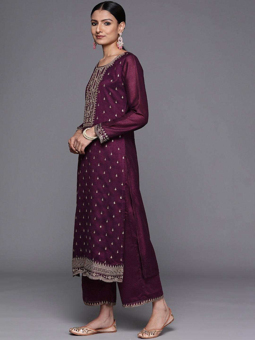 Purple Embroidered Silk Blend Straight Suit Set