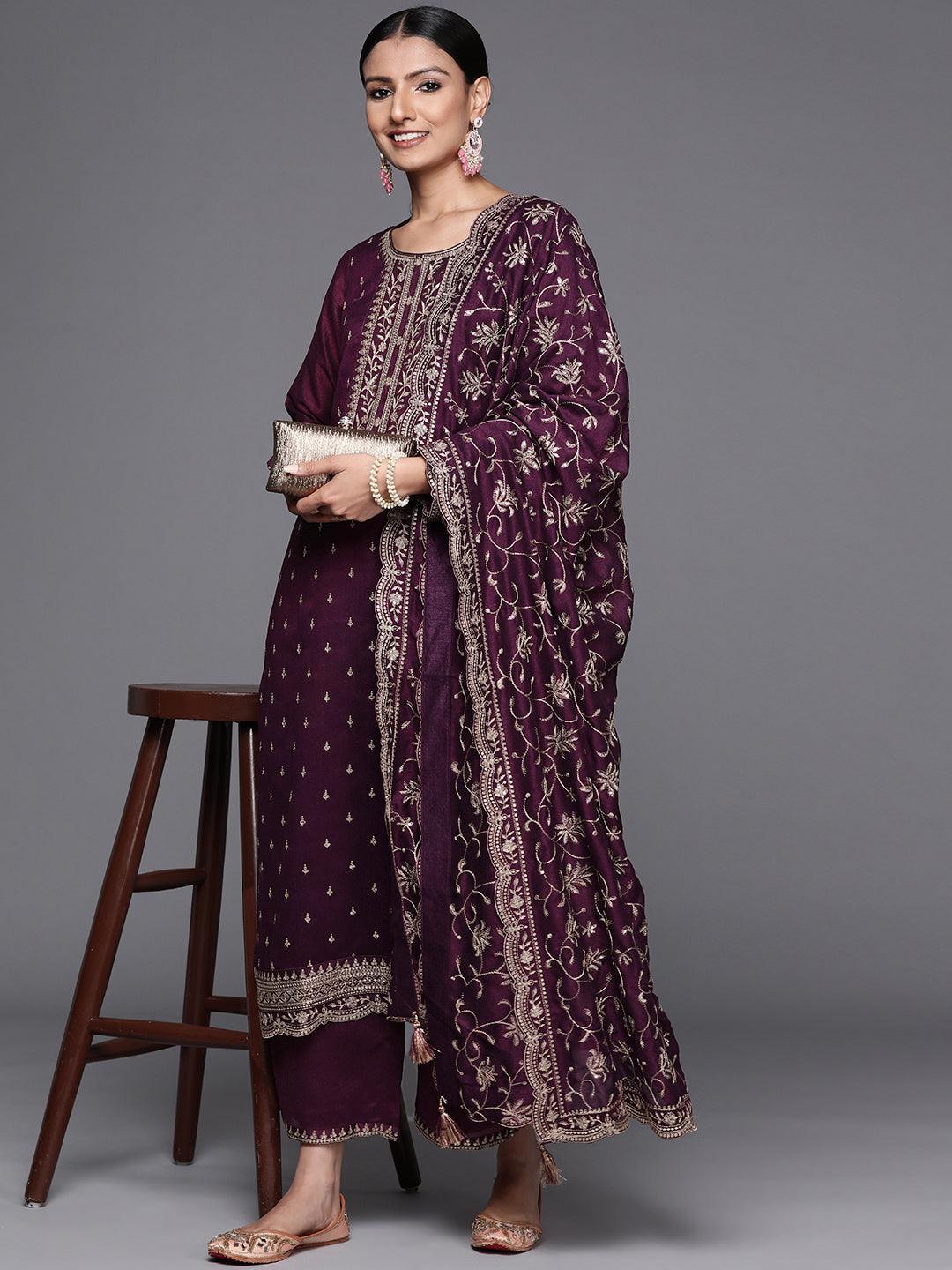 Purple Embroidered Silk Blend Straight Suit Set