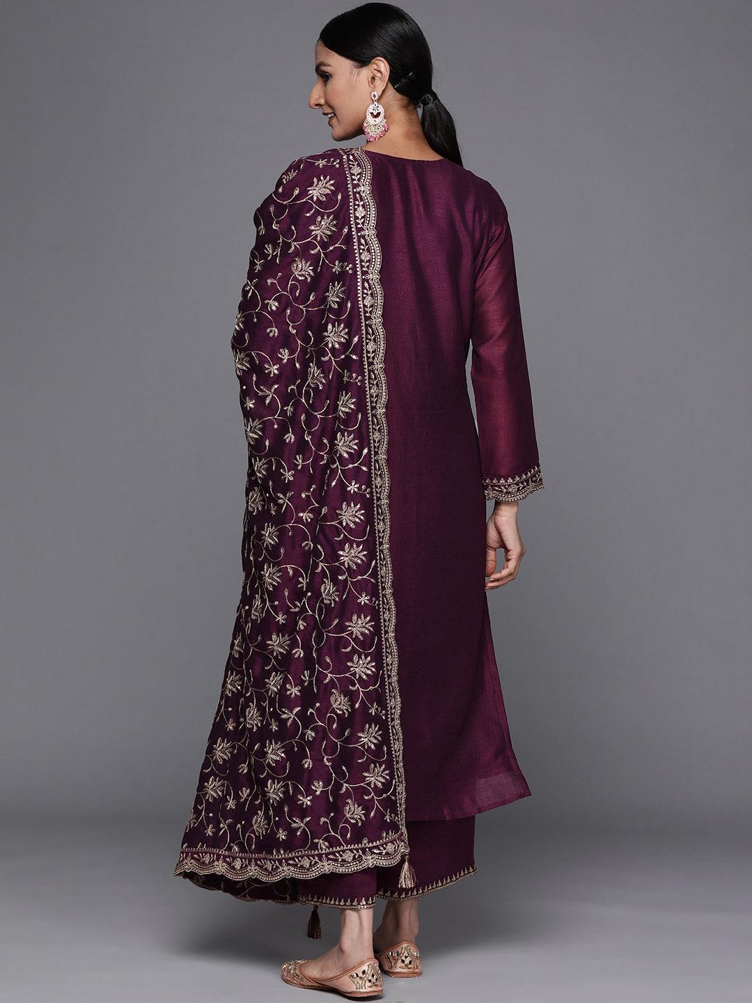 Purple Embroidered Silk Blend Straight Suit Set