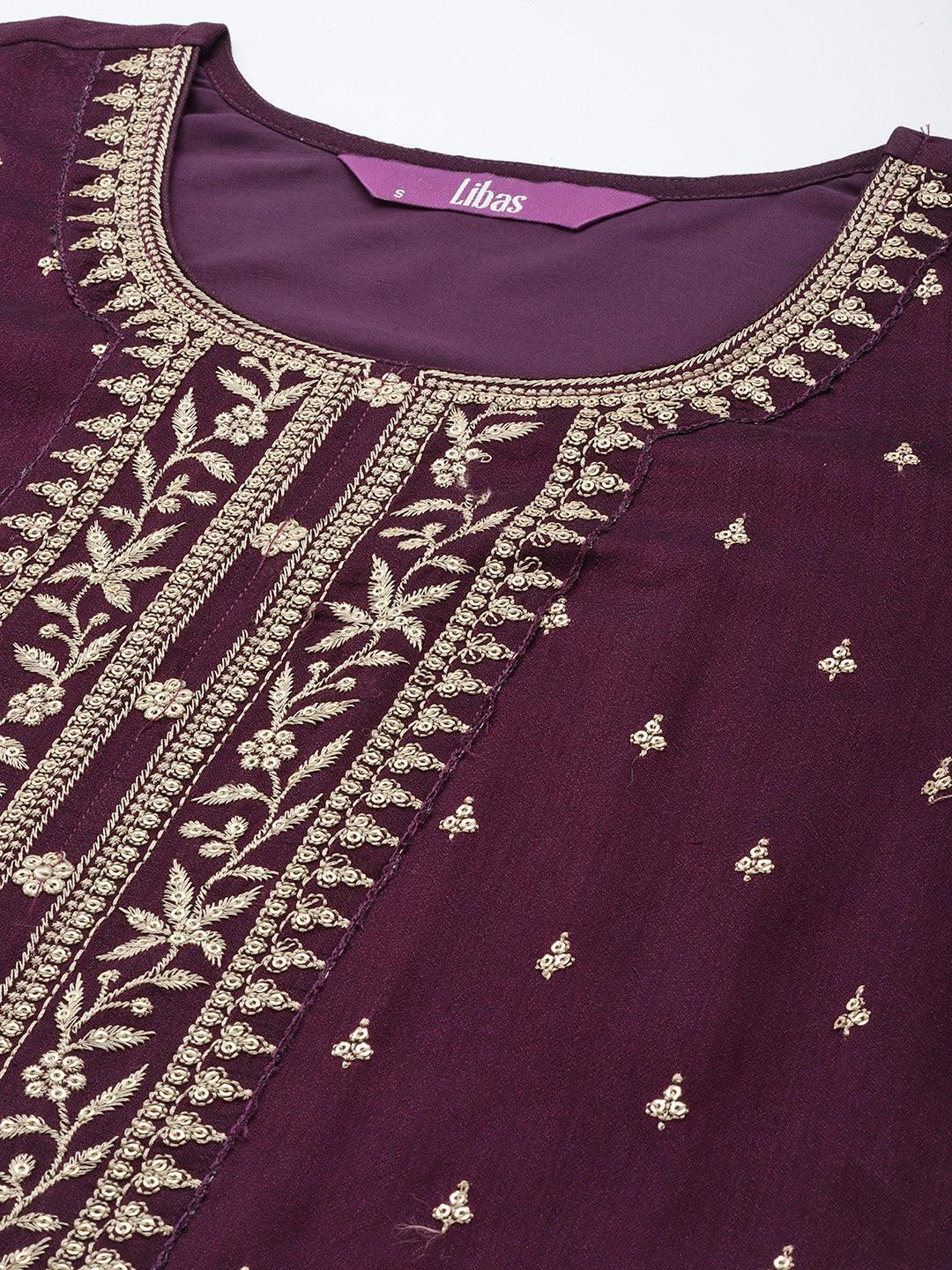 Purple Embroidered Silk Blend Straight Suit Set