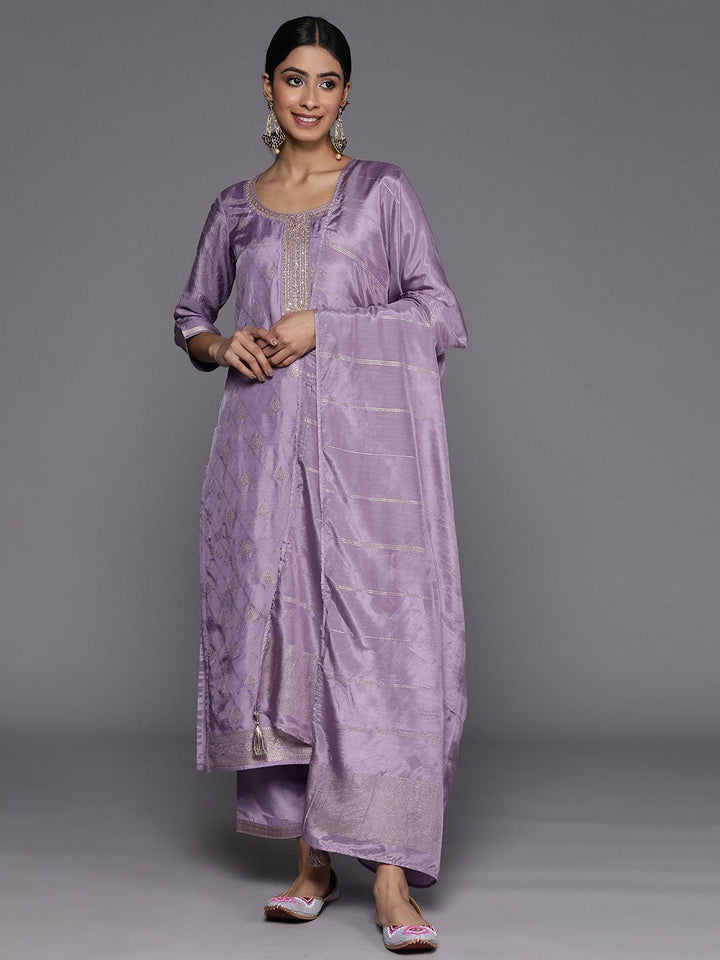 Purple Embroidered Silk Blend Suit Set With Trousers - ShopLibas