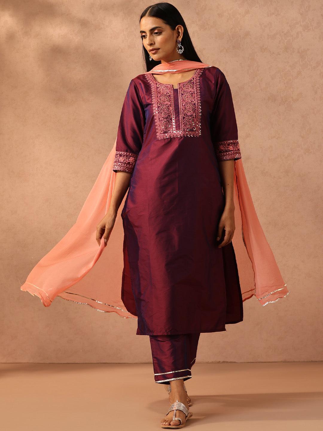 Purple Embroidered Silk Blend Suit Set With Trousers - ShopLibas