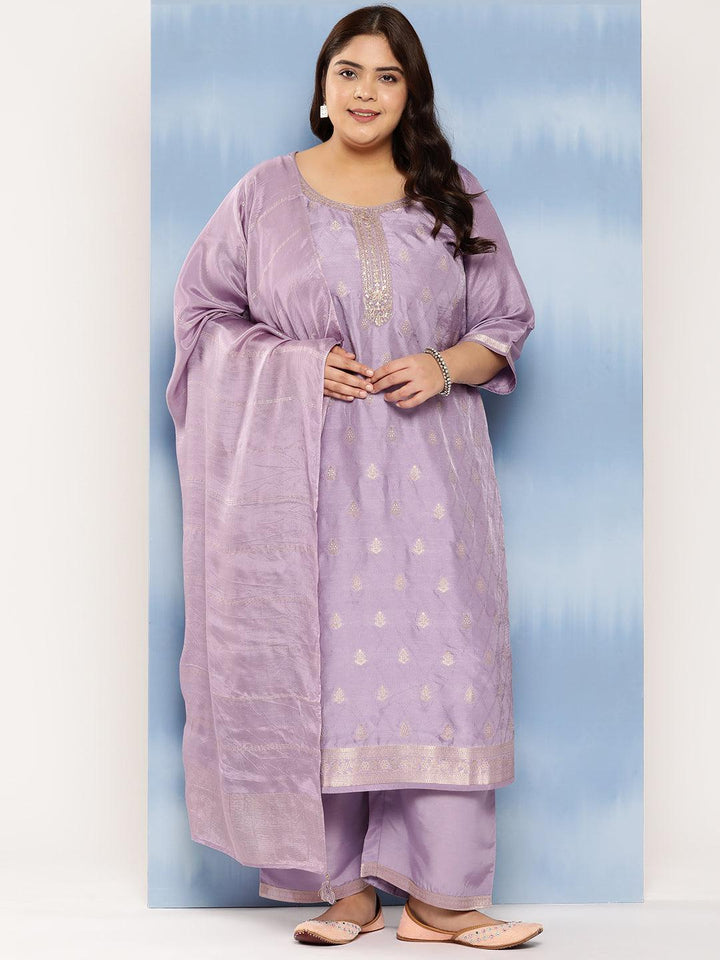 Purple Embroidered Silk Blend Straight Kurta With Trousers and Dupatta - Libas