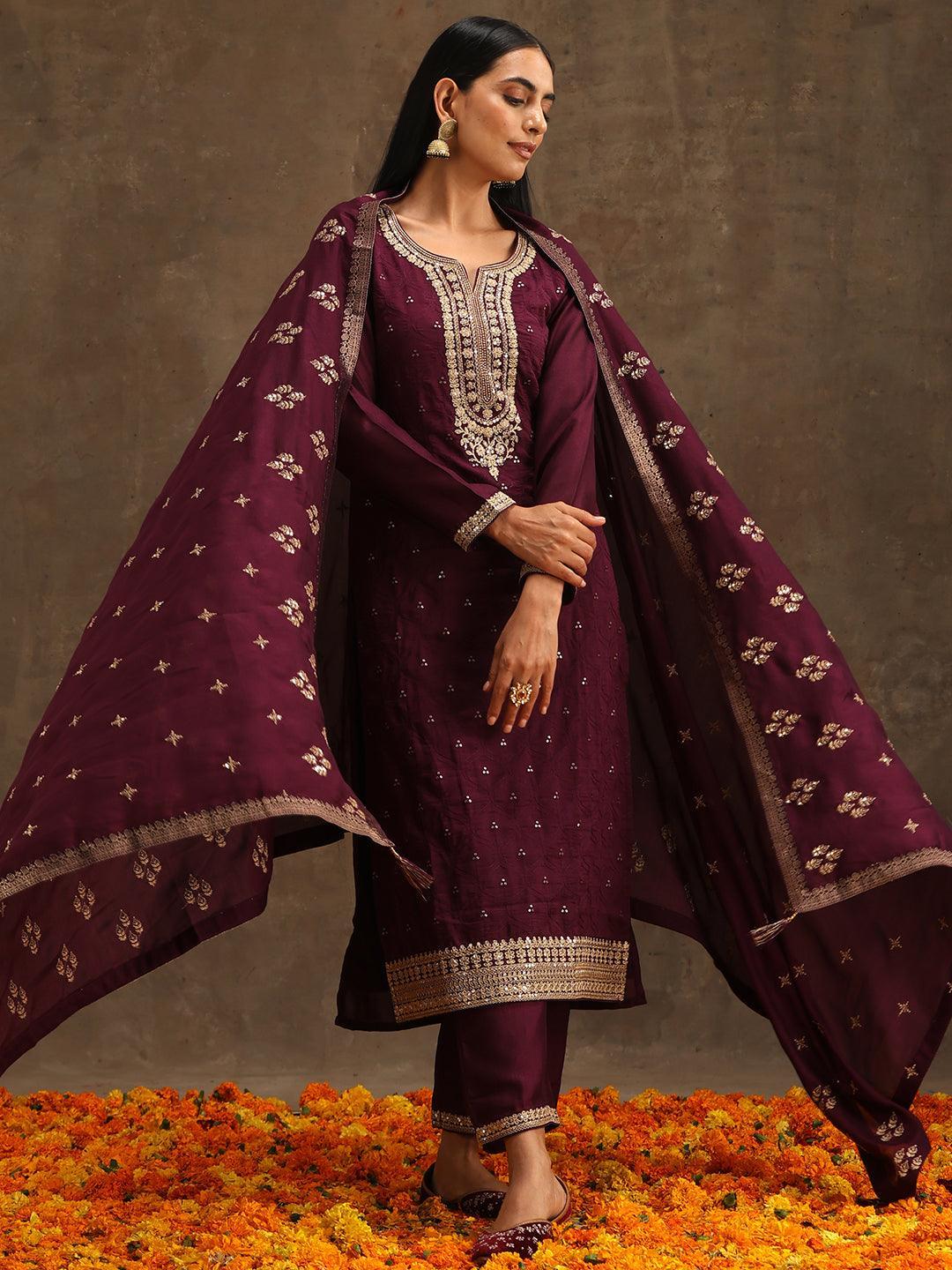 Purple Embroidered Silk Blend Suit Set With Trousers