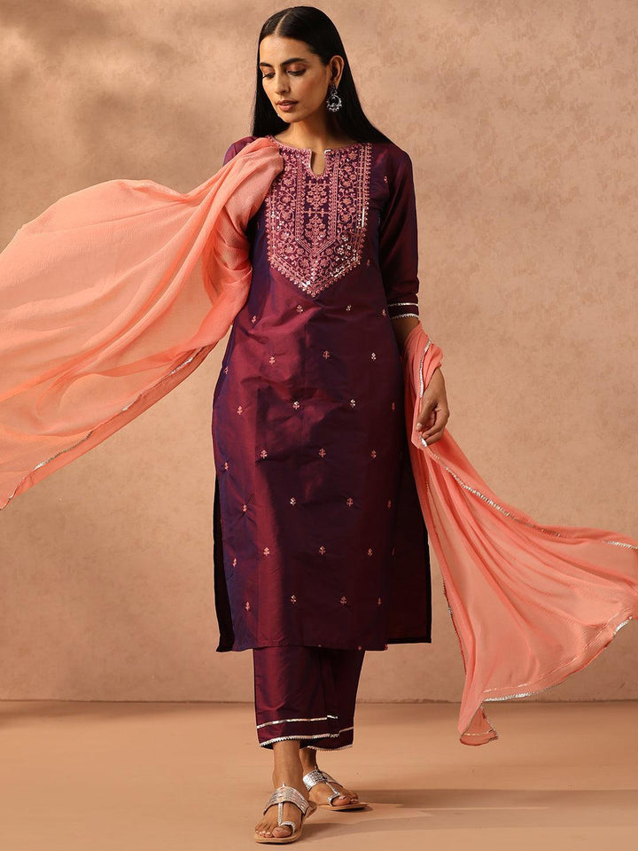 Purple Embroidered Silk Blend Suit Set With Trousers - ShopLibas