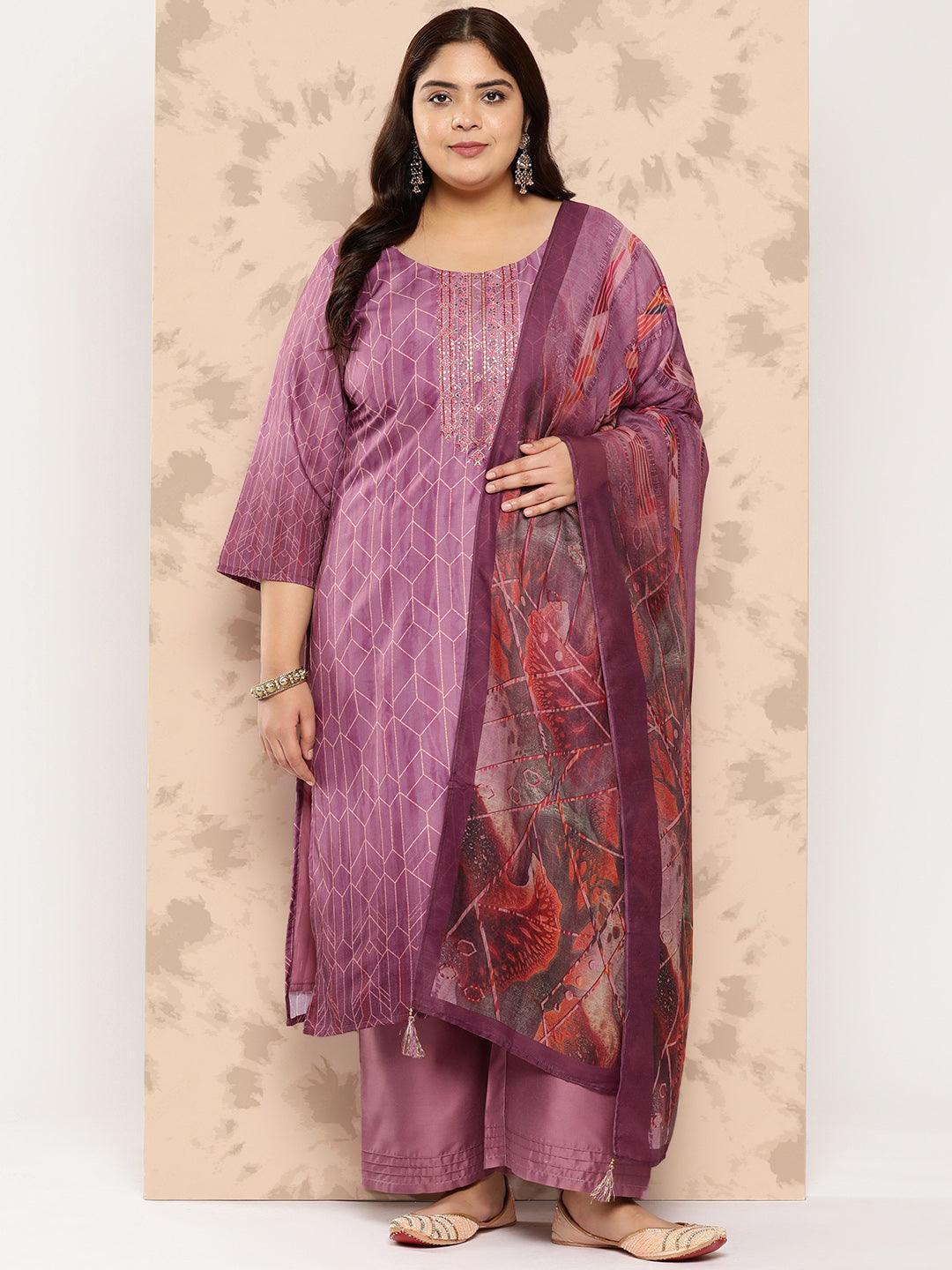 Purple Embroidered Silk Blend Straight Kurta With Trousers and Dupatta