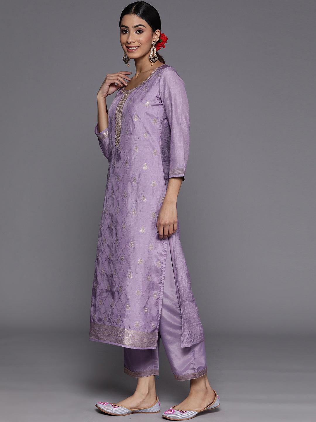 Purple Embroidered Silk Blend Suit Set With Trousers - ShopLibas