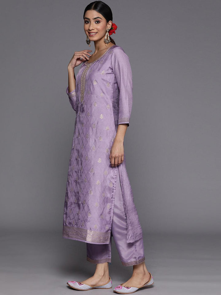 Purple Embroidered Silk Blend Suit Set With Trousers - ShopLibas