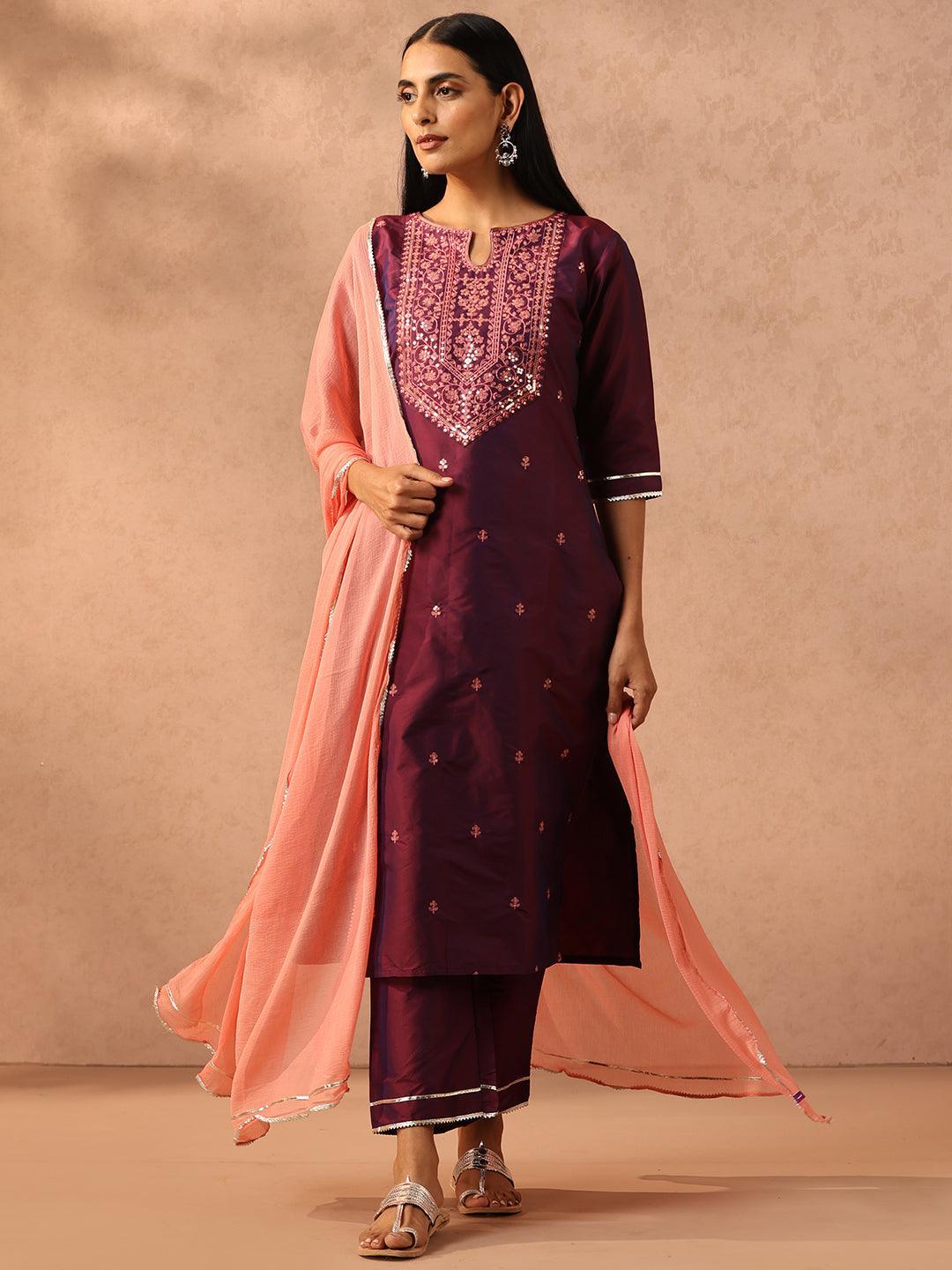 Purple Embroidered Silk Blend Suit Set With Trousers - ShopLibas