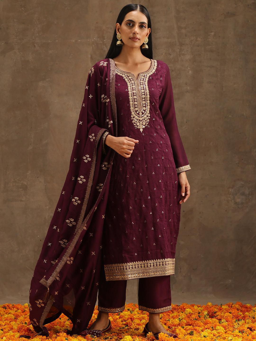 Purple Embroidered Silk Blend Suit Set With Trousers