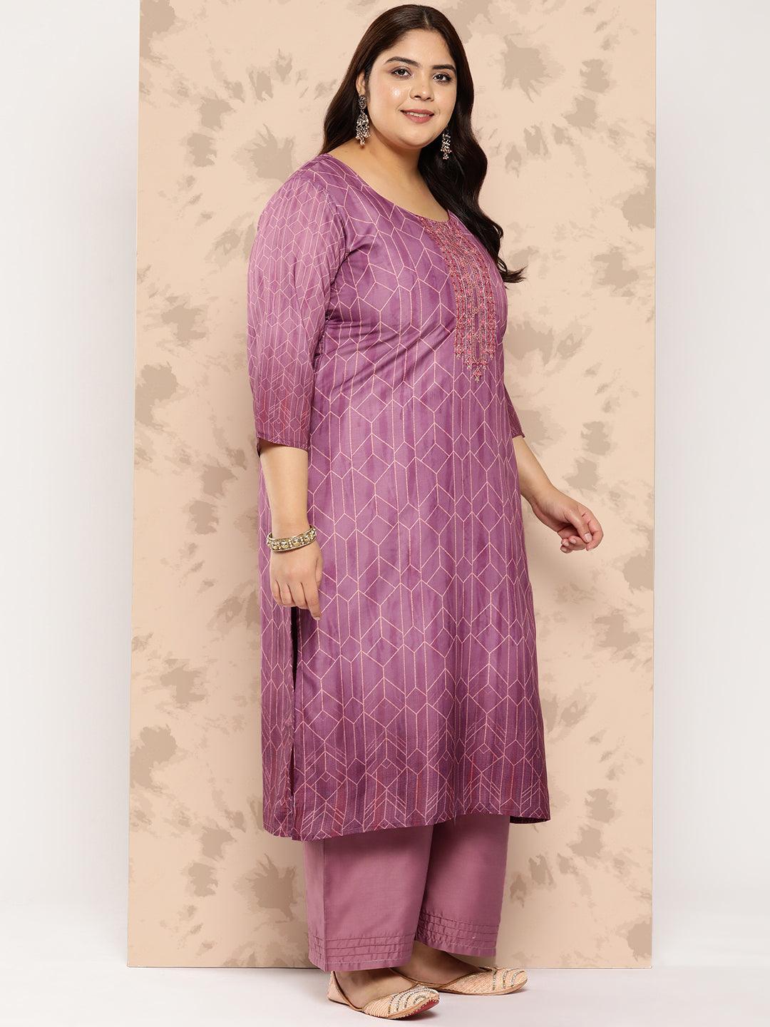 Purple Embroidered Silk Blend Straight Kurta With Trousers and Dupatta