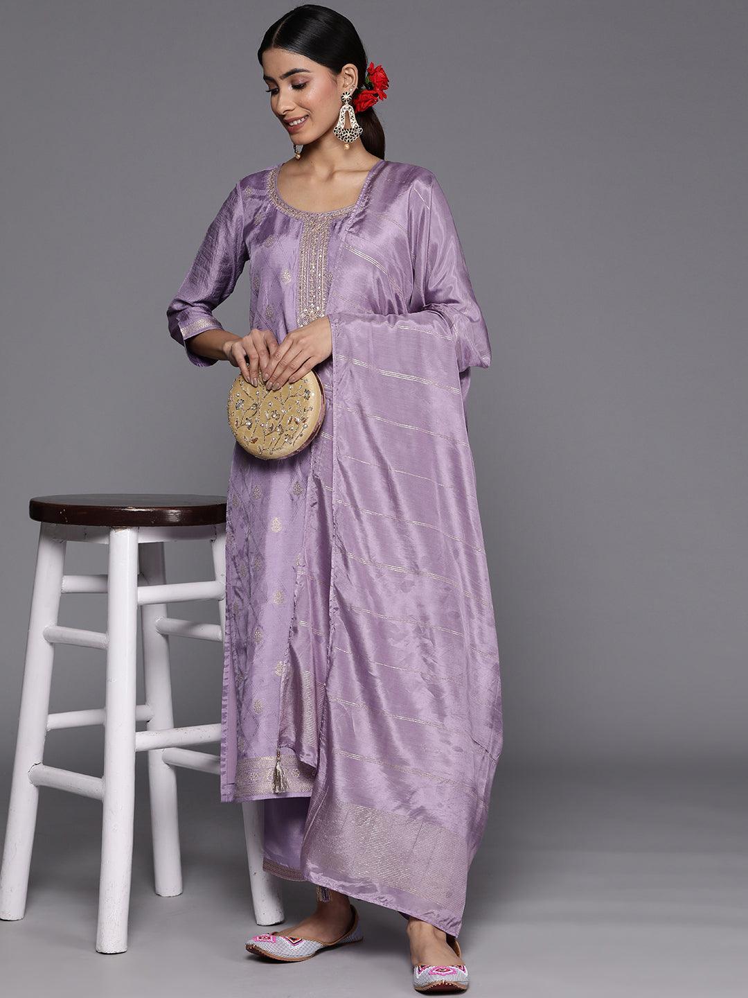 Purple Embroidered Silk Blend Suit Set With Trousers - ShopLibas