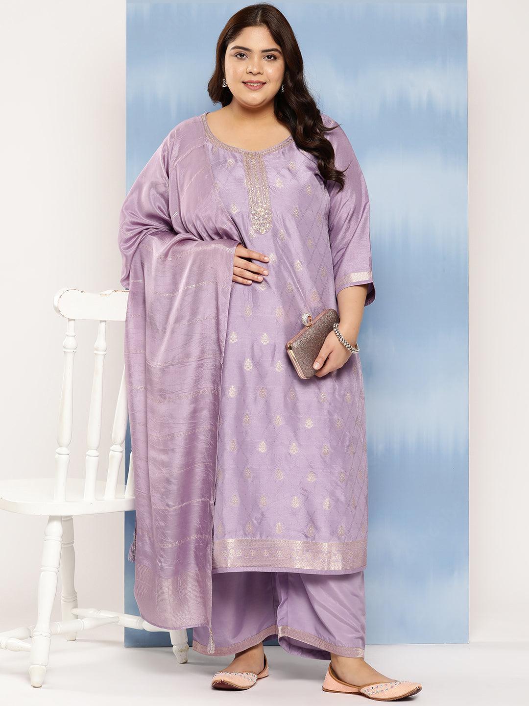 Purple Embroidered Silk Blend Straight Kurta With Trousers and Dupatta - Libas