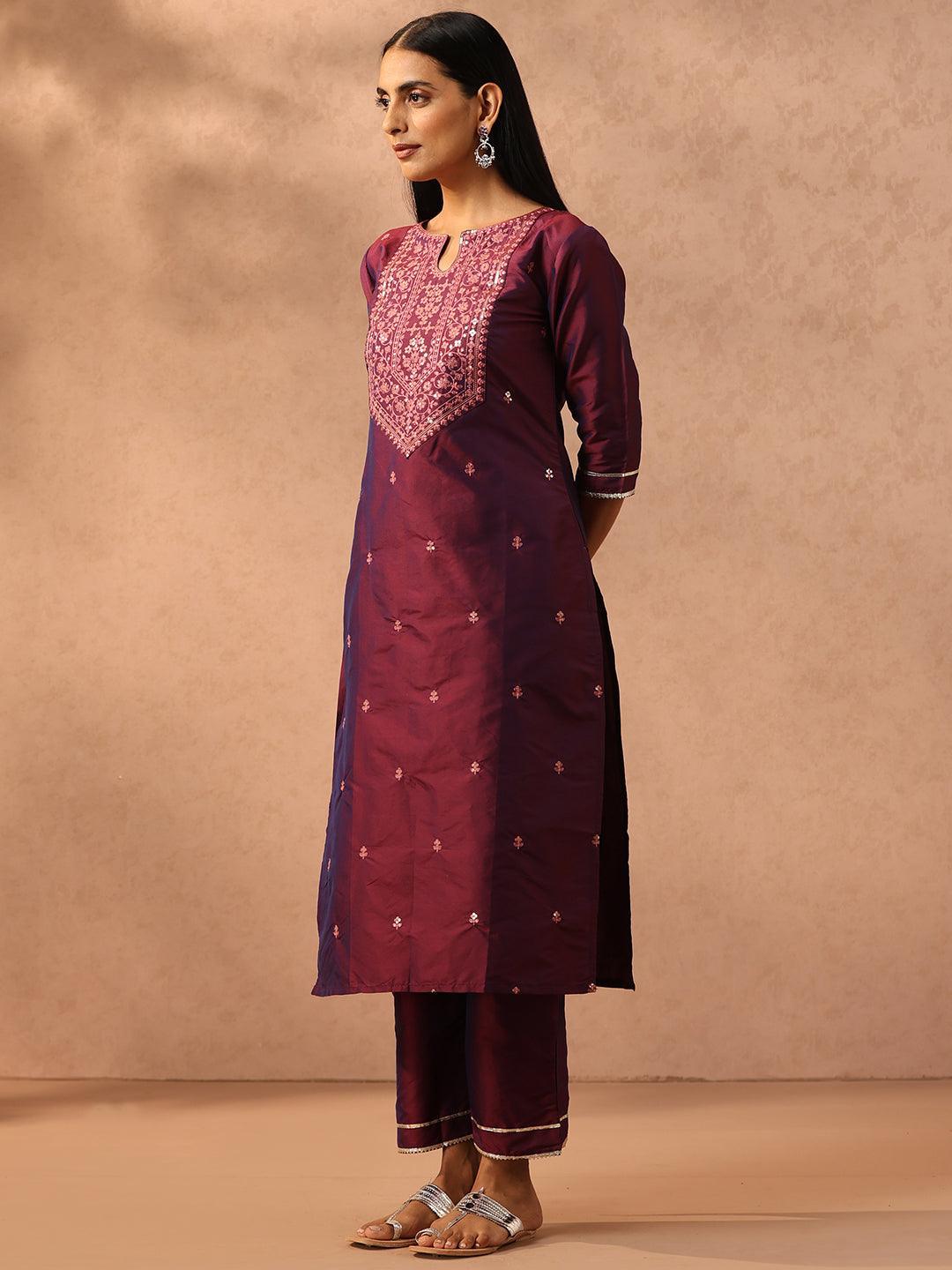 Purple Embroidered Silk Blend Suit Set With Trousers - ShopLibas