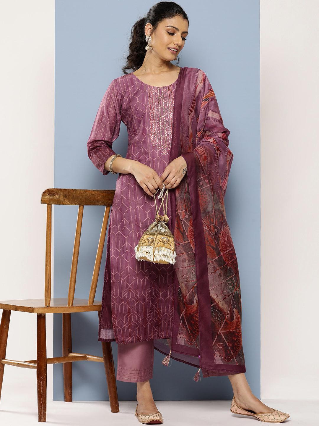 Purple Embroidered Silk Blend Straight Kurta With Trousers & Dupatta