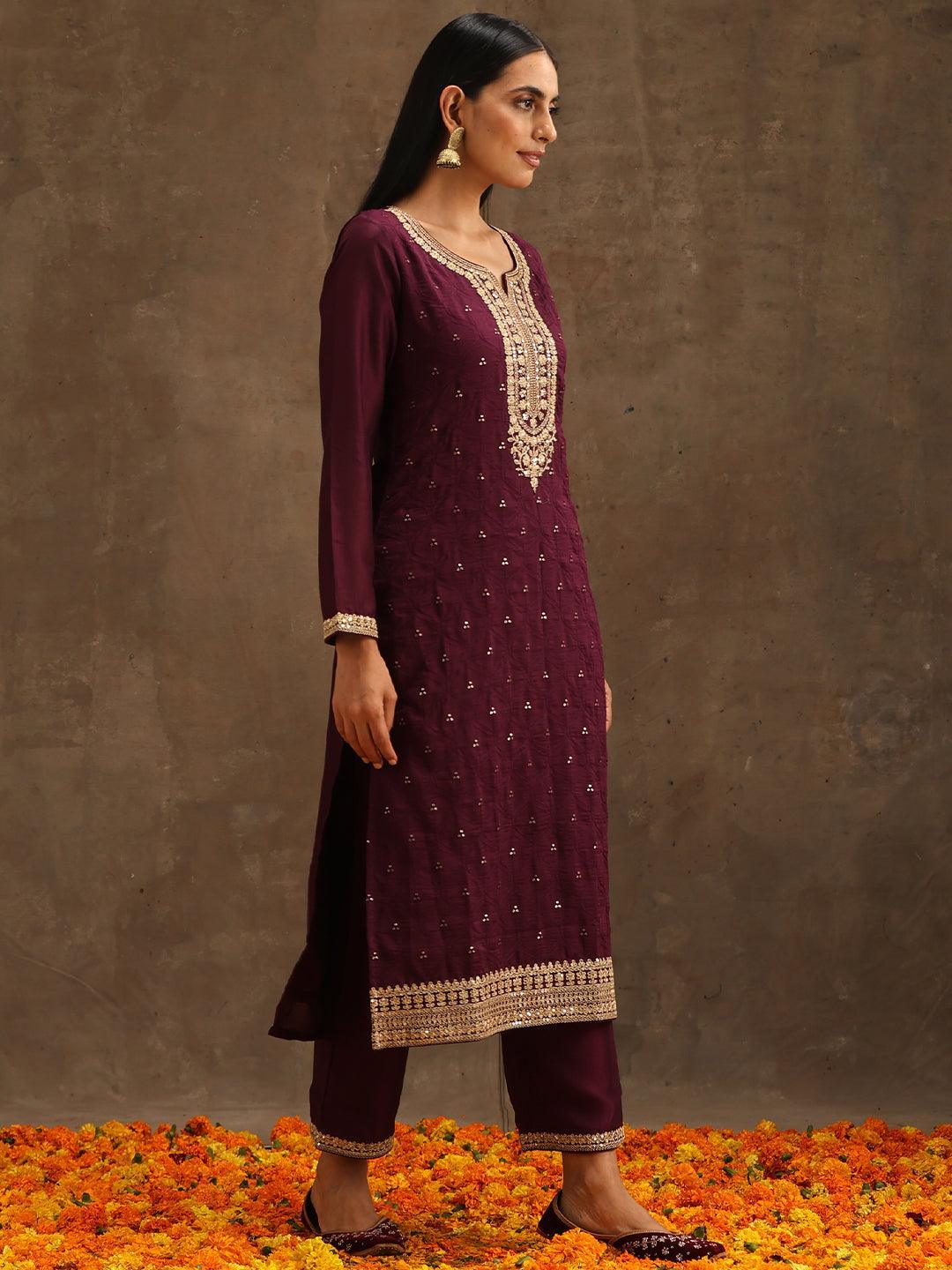 Purple Embroidered Silk Blend Suit Set With Trousers