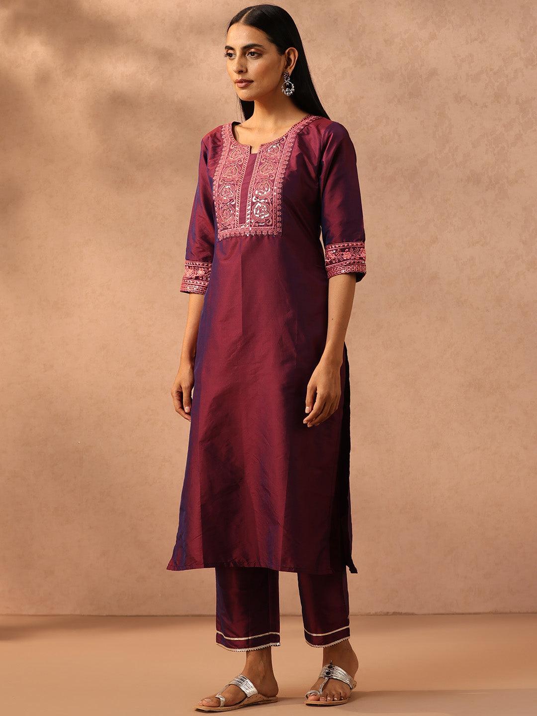 Purple Embroidered Silk Blend Suit Set With Trousers - ShopLibas